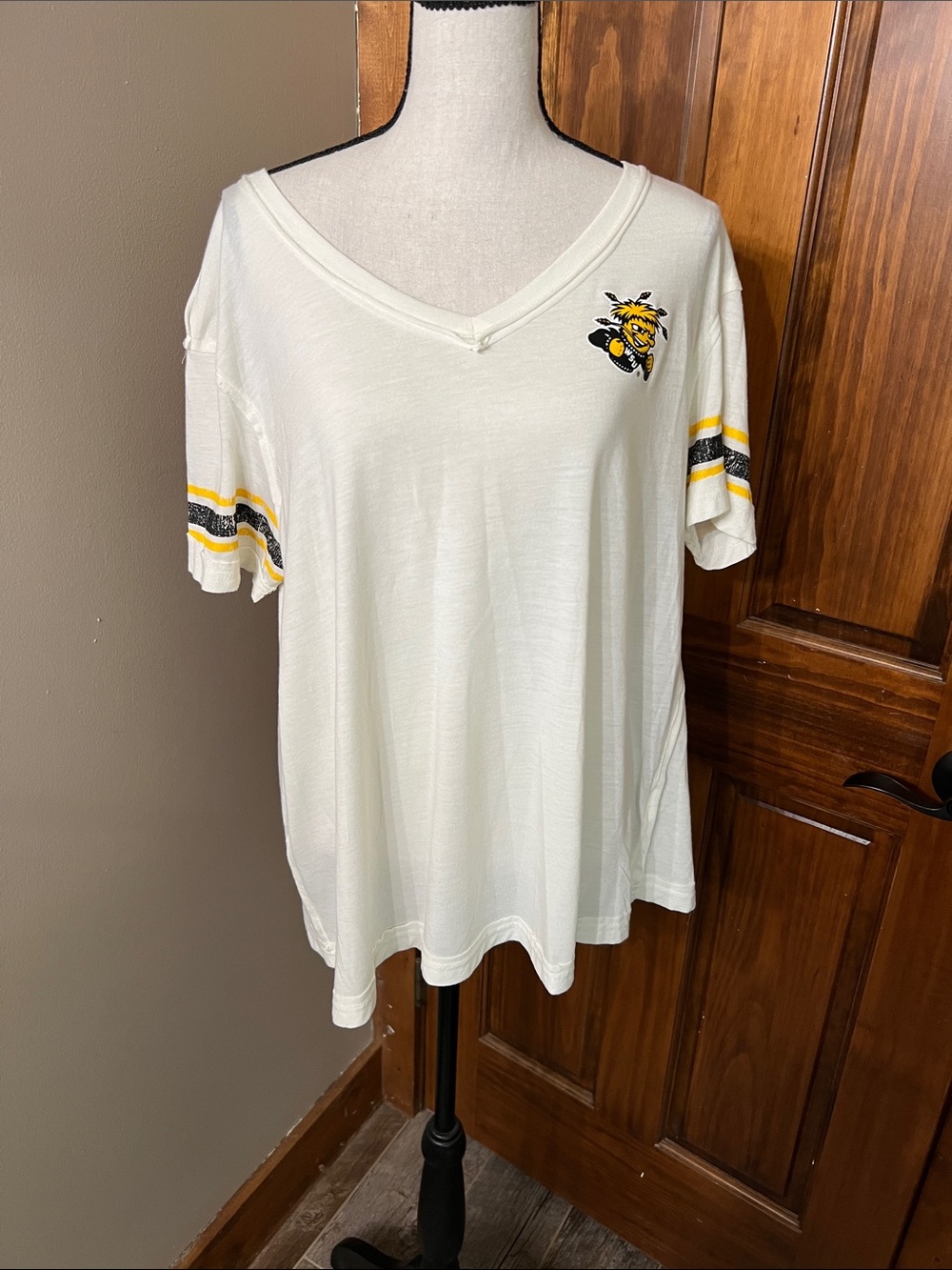 Rivalry Threads off  White V-Neck Tee with Yellow and Black Sleeve Stripes